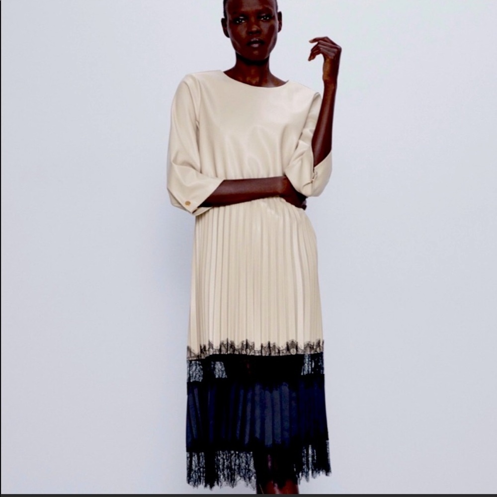Zara beige faux leather with black lace dress